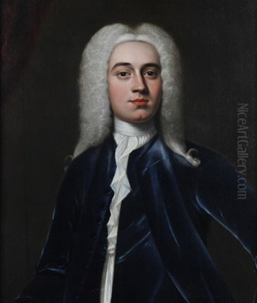 A Portrait Of A Gentleman Wearing Blue Jacket, White Chemise, Necktie And Grey Wig Oil Painting by Thomas Hudson