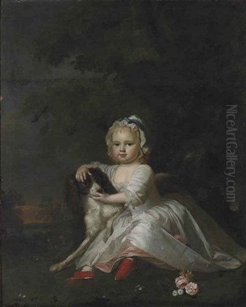 Portrait Of Catherine Legge (1741-1819), As A Child, Seated Full-length, In A White Dress And Cap, With A Spaniel, In A Landscape Oil Painting by Thomas Hudson