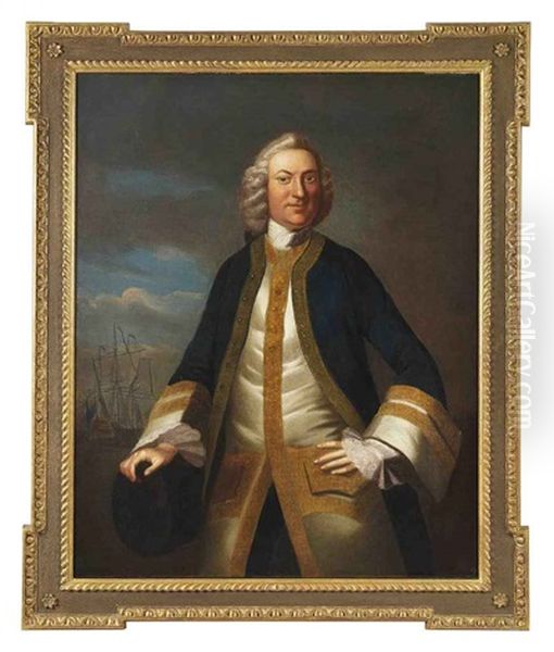 Portrait Of A Gentleman Captain Thomas Lake?) In A Gold Embroidered Blue Coat And White Waistcoat, His Hand Resting On A Cannon, In A Landscape... by Thomas Hudson