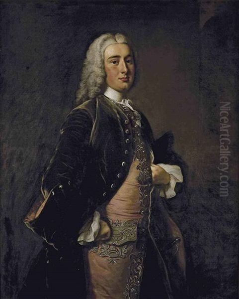 Portrait Of A Gentleman (john Perceval, 2nd Earl Of Egmont?) In A Green Coat And A Pink Embroidered Waistcoat, By A Pilaster Oil Painting by Thomas Hudson