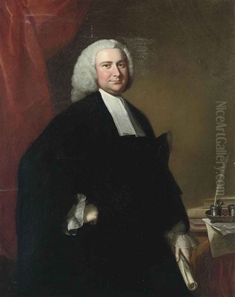 Portrait Of A Cleric In Robes, Holding A Scroll, Standing By A Table Oil Painting by Thomas Hudson