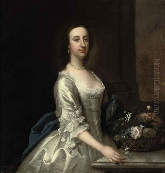 Portrait Of A Lady In A Lace-trimmed Satin Oyster Dress With Pearl Ornaments And Blue Wrap, Beside A Ledge With A Basket Of Flowers Oil Painting by Thomas Hudson