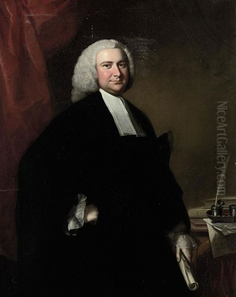 Portrait Of A Cleric, In Robes, Holding A Scroll, Standing By A Table With Writing Implements, Before A Red-draped Curtain Oil Painting by Thomas Hudson