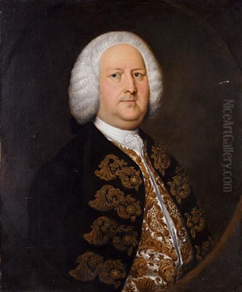 Portrait Of A Gentleman In A Blue Coat With A White Embroidered Waistcoat Oil Painting by Thomas Hudson