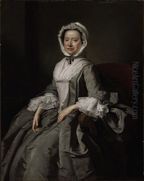 Portrait Of A Lady In A Grey Silk Dress And White Bonnet Oil Painting by Thomas Hudson