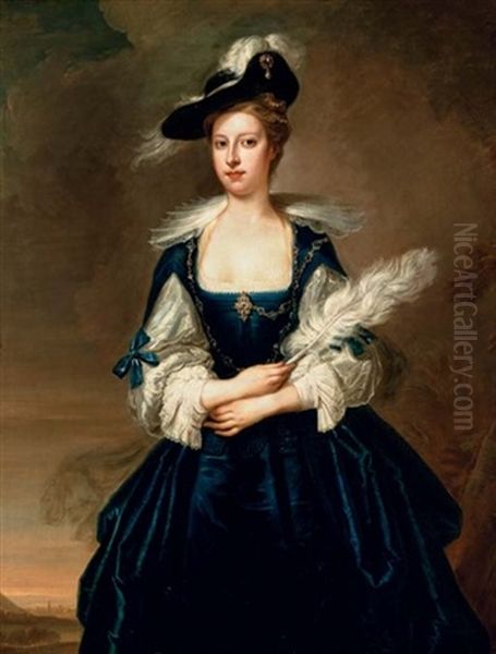 Portrait Of Elizabeth Dunch, Later Lady Oxenden, Wearing A Blue Dress, Standing In A Landscape Oil Painting by Thomas Hudson