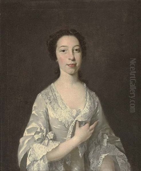 Portrait Of A Lady In An Oyster Satin Dress With Lace Trim, Pearls In Her Hair Oil Painting by Thomas Hudson