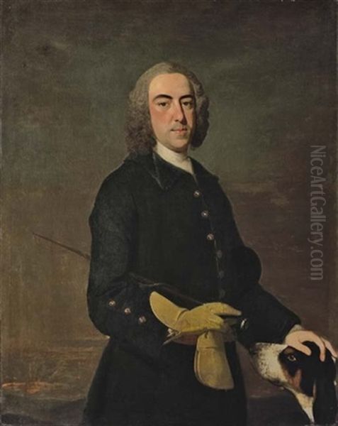 Portrait Of A Gentleman, In A Green Coat, Holding A Riding Crop, With A Hound By His Side, In A Landscape Oil Painting by Thomas Hudson