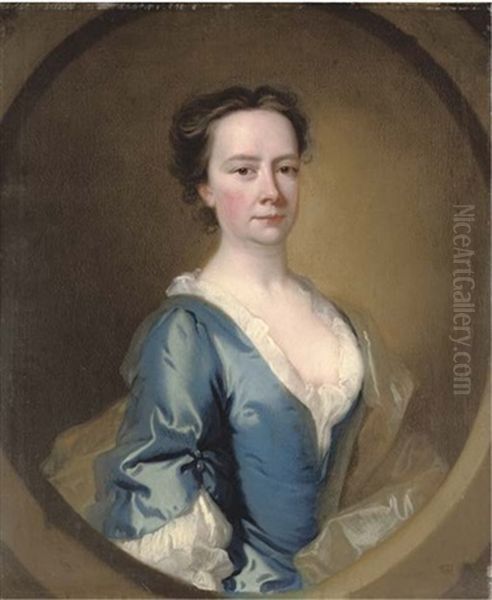 Portrait Of A Lady In A Blue Dress And White Chemise Oil Painting by Thomas Hudson