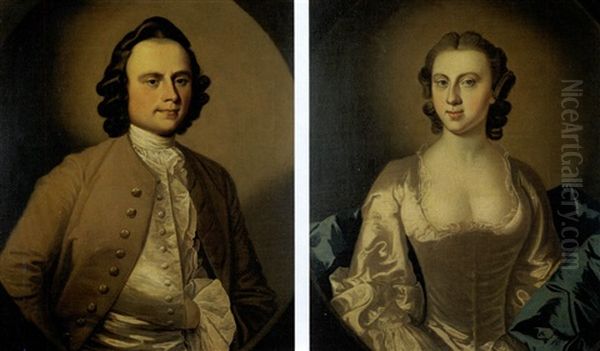 Portait Of An Elegant Couple (+ Another; Pair) Oil Painting by Thomas Hudson