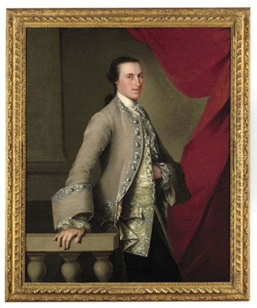 Portrait Of A Gentleman, Three-quarter-length, In A Grey Coat With An Elaborately Embroidered Yellow Waistcoat, His Right Hand On A Balustrade, Beside A Red Curtain Oil Painting by Thomas Hudson