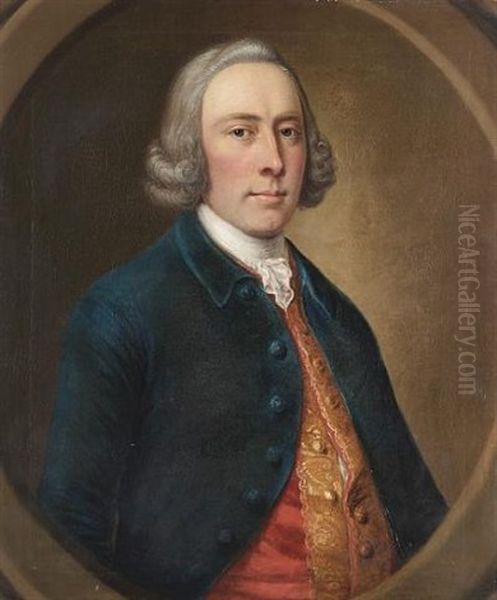 Portrait Of A Gentleman In A Red Brocaded Waistcoat And A Blue Coat Oil Painting by Thomas Hudson