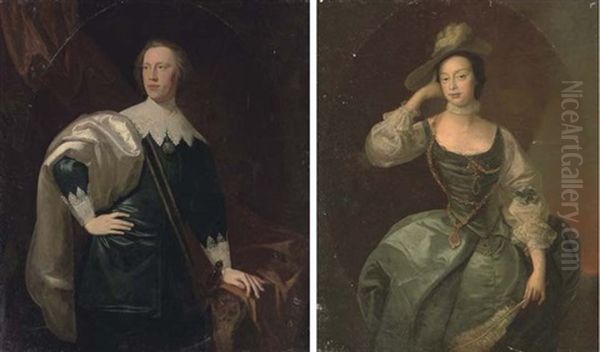 Portrait Of Lady Firebrace, Three-quarter-length, In A Turquoise Dress (+ Portrait Of W. H. Bernard, Three-quarter-length, In Turquoise Van Dyck Dress; 2 Works) Oil Painting by Thomas Hudson