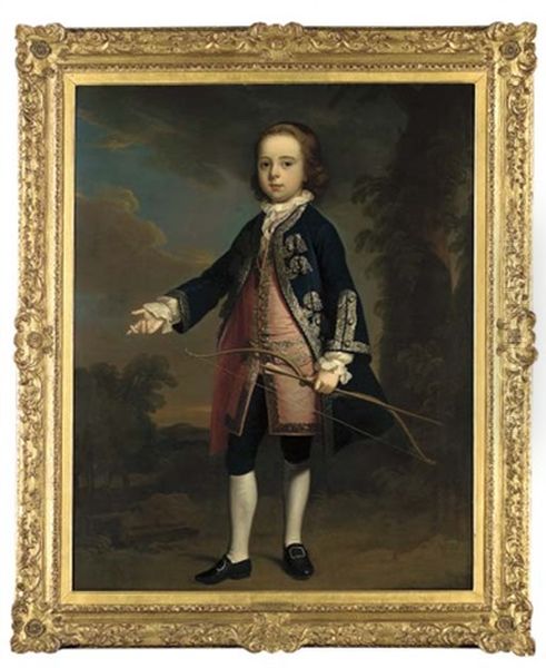 Portrait Of Henry Aston In A Blue Coat And Pink Waistcoat, Holding A Bow And Arrow, In A Landscape Oil Painting by Thomas Hudson