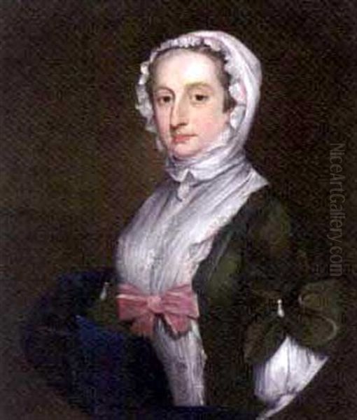 Portrait Of A Lady Wearing A Green And White Dress With Lace Trim And A White Bonnet Oil Painting by Thomas Hudson