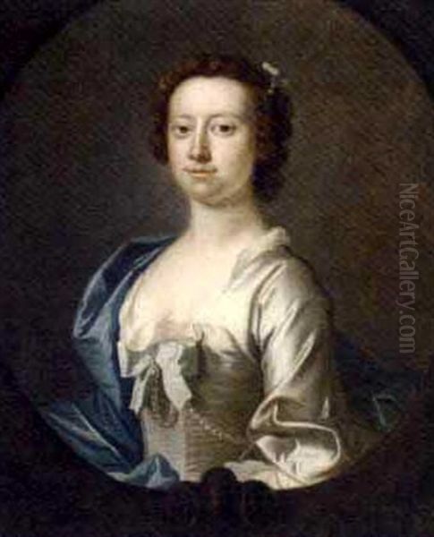 Portrait Of A Lady In A White Dress And Blue Wrap Oil Painting by Thomas Hudson