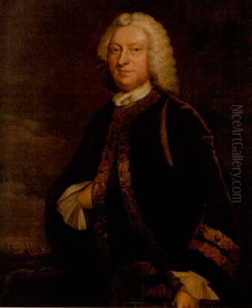 Portrait Of A Gentleman In A Brown Velvet Coat Trimmed With Gold, A Naval Batle Beyond Oil Painting by Thomas Hudson