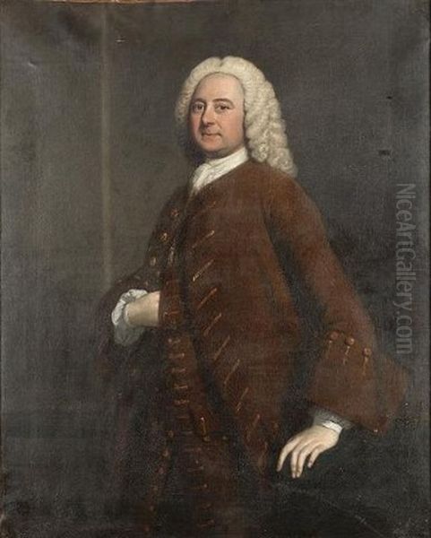 Portrait Of A Gentleman In A Brown Coat And Waistcoat With Gold Edging And A White Cravat Oil Painting by Thomas Hudson