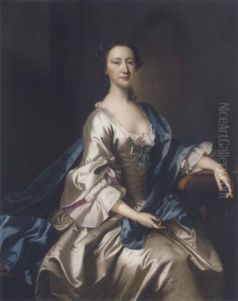 Portrait Of A Lady, Seated, Wearing A Cream Dress With A Blue Cloak, Her Left Arm Resting On A Table Oil Painting by Thomas Hudson