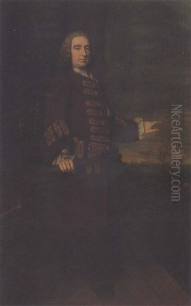 Portrait Of Vice-admiral Edward Vernon, In A Brown Dress Coat With Gold Braid, Holding A Telescope With A Cannon To The Side Oil Painting by Thomas Hudson