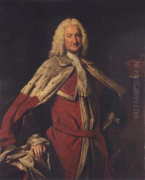 Portrait Of George Booth, 2nd Earl Of Warrington, Wearing Peer's Robes, His Coronet To The Right Oil Painting by Thomas Hudson