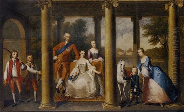 Group Portrait Of Charles Spencer, 3rd Duke Of Marlborough And His Wife Elizabeth, And Their Children, George, Marquess Of Blandford, Lord Charles, Lady Elizabeth, Lord Robert And Lady Diana Oil Painting by Thomas Hudson