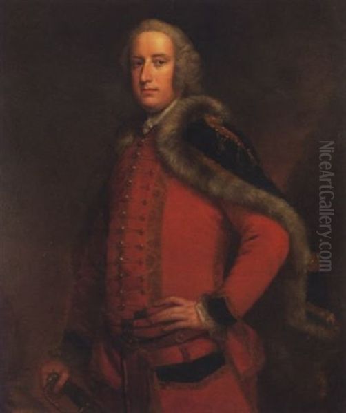 Portrait Of An Officer In A Scarlet Frock Coat With A Blue, Fur-lined Cloak, His Hand Resting On A Sword Oil Painting by Thomas Hudson