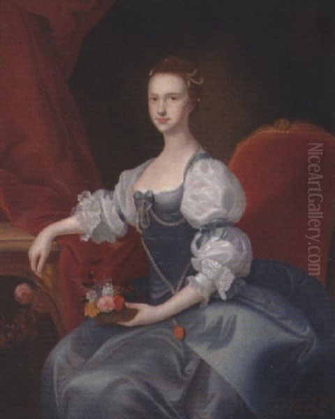 Portrait Of Catherine Stanhope, Wife Of Edwyn Francis Stanhope Of Stanwell In A Blue Dress With White Sleeves, Holding A Basket Of Flowers In Her Left Hand Oil Painting by Thomas Hudson