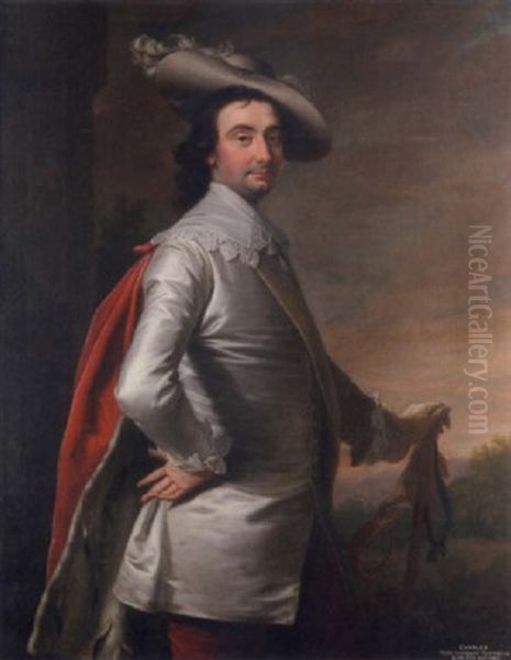 Portrait Of Charles, 3rd Viscount Townshend, Standing In A White Coat With A Lace Collar, And A Red Fur-lined Cloak, With A White Plumed Hat Oil Painting by Thomas Hudson