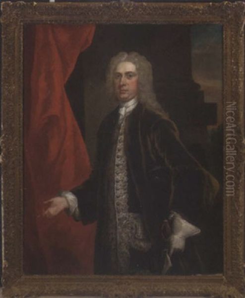 Portrait Of A Gentleman In A Brown Coat, A Tricorn Under His Arm, Resting His Hand On A Sword Oil Painting by Thomas Hudson