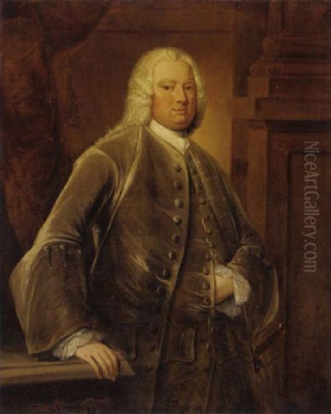 Portrait Of John Myddelton In An Olive Coat And Waistcoat, Resting His Hand On A Plinth, By A Pillar Oil Painting by Thomas Hudson