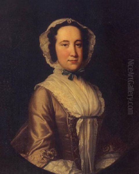 Portrait Of A Lady Wearing A Grey Dress And White Bonnet Oil Painting by Thomas Hudson