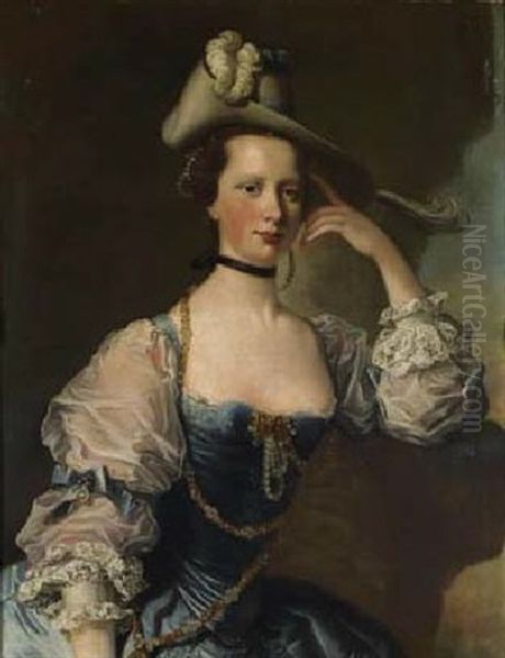 Portrait Of Ellen, Lady Wrey, Seated In A Blue Dress With White Sleeves, Decorated With Lace, Pearls And Jewels, In A Plumed Hat Oil Painting by Thomas Hudson