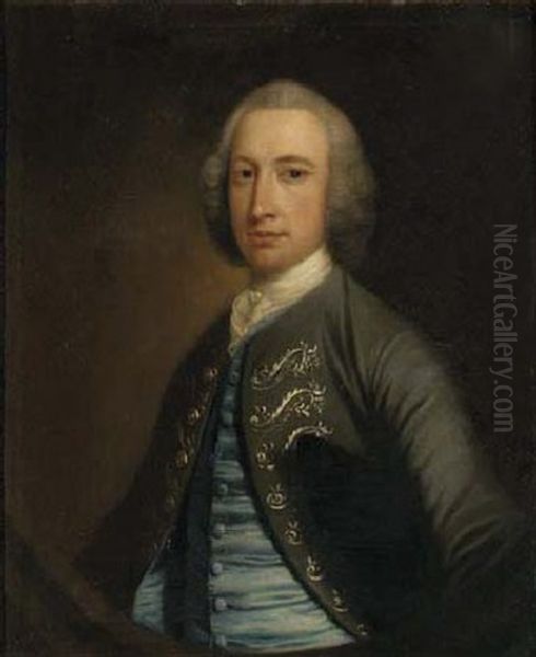 Portrait Of Edward Wilson, Of Dallam Tower, In A Grey Coat And A Blue Waistcoat Oil Painting by Thomas Hudson