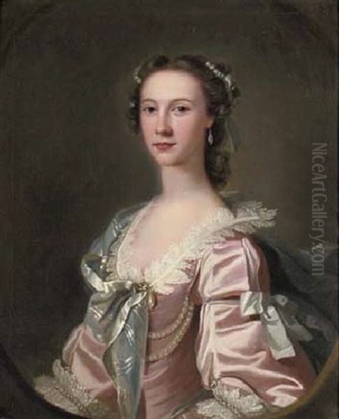 Portrait Of Dorothy Wilson, Of Dallam Tower, In A Pink Dress Decorated With Pearls Oil Painting by Thomas Hudson