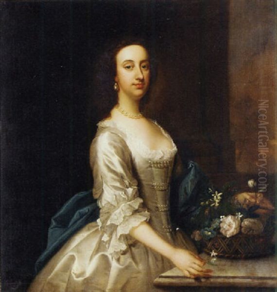 Portrait Of A Lady In A White Satin Dress And Blue Shawl, Standing By A Ledge With A Basket Of Flowers Oil Painting by Thomas Hudson