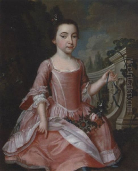 Portrait Of A Child Wearing A Pink Dress By A Balustrade Holding A Swag Of Flowers Oil Painting by Thomas Hudson