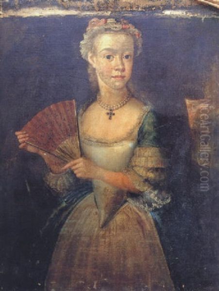 Portrait Of Elizabeth Green Aged Ten Years, Wearing A Triple String Of Pearls With A Gem-set Cross Pendant, And Holing A Fan In Her Left Hand Oil Painting by Thomas Hudson