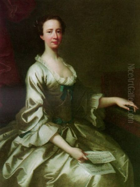 Portrait Of Mrs. Howard Seated At A Piano, Wearing A Silver Silk Dress, Holding A Sheet Of Music Oil Painting by Thomas Hudson