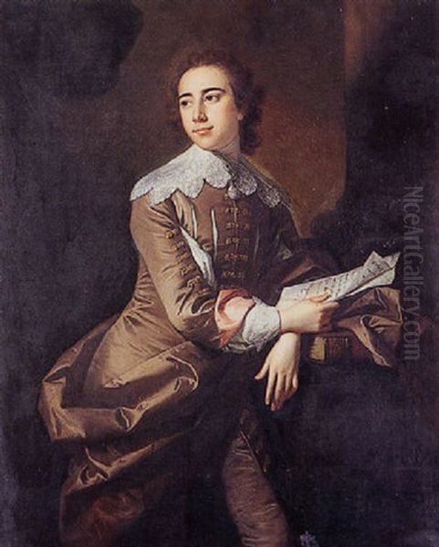 Portrait Of A Gentleman, In A Brown Coat Reading A Manuscript Oil Painting by Thomas Hudson