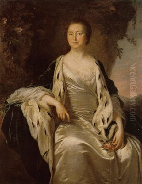 Portrait Of Lady Denison Wearing A Silver Coloured Dress And An Ermine-lined Blue Robe Oil Painting by Thomas Hudson