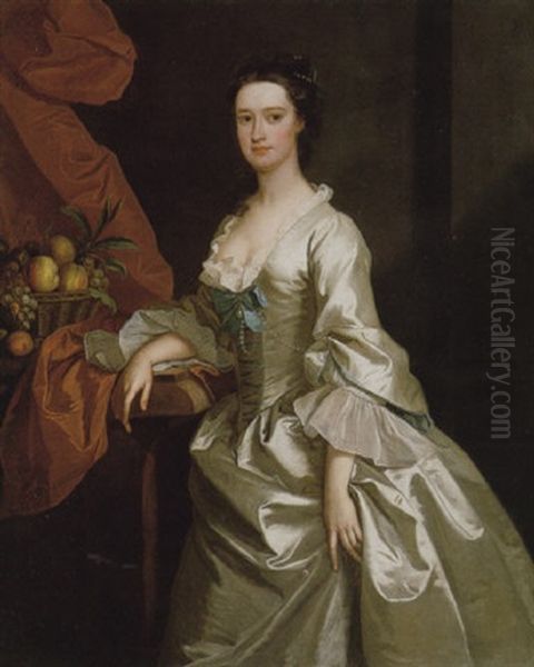 Portrait Of Jane Willes, Lady Sloper, Wearing A White Satin Dress, Her Right Arm Resting On A Ledge Oil Painting by Thomas Hudson