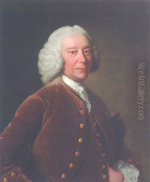 Portrait Of A Gentleman In A Brown Coat And Waistcoat, A Tricorn Under His Arm Oil Painting by Thomas Hudson