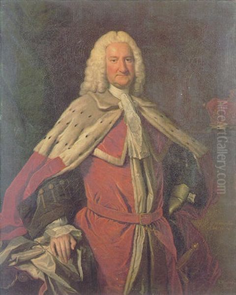 Portrait Of Earl Of Warrington Wearing His Peer's Robes, Standing Beside An Earl's Coronet In An Interior Oil Painting by Thomas Hudson