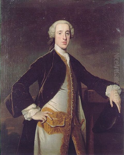 Portrait Of John Bristow Wearing A Brown Velvet Coat And A Silver Waistcoat Enbroidered With Gold Oil Painting by Thomas Hudson