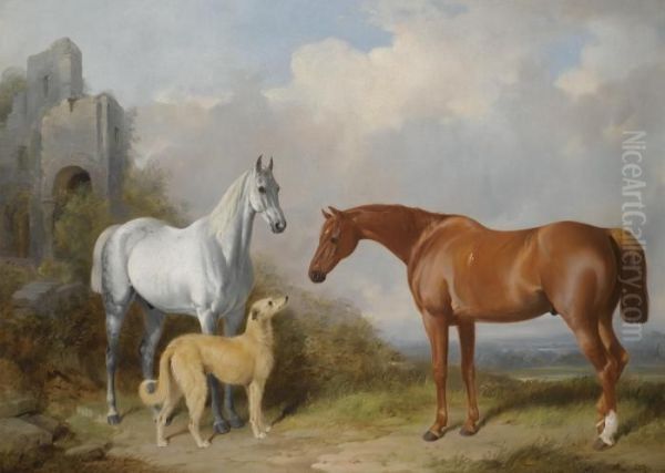 A Grey And A Chestnut Hunter With A Deerhound Oil Painting by William Barraud