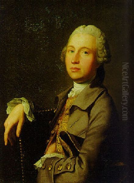 Portrait Of A Gentleman (mr. Erskine?) Wearing A Gold Brocade Waistcoat Oil Painting by Thomas Hudson