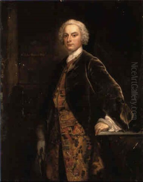 Portrait Of Sir John Barker, Bt. With His Arm Resting On A Marble Table Oil Painting by Thomas Hudson