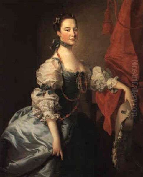 Portrait Of A Lady In A Blue Dress Oil Painting by Thomas Hudson