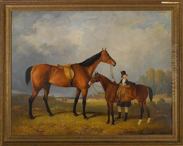 A Groom With His Hack Holding His Master's Horse Oil Painting by William Barraud